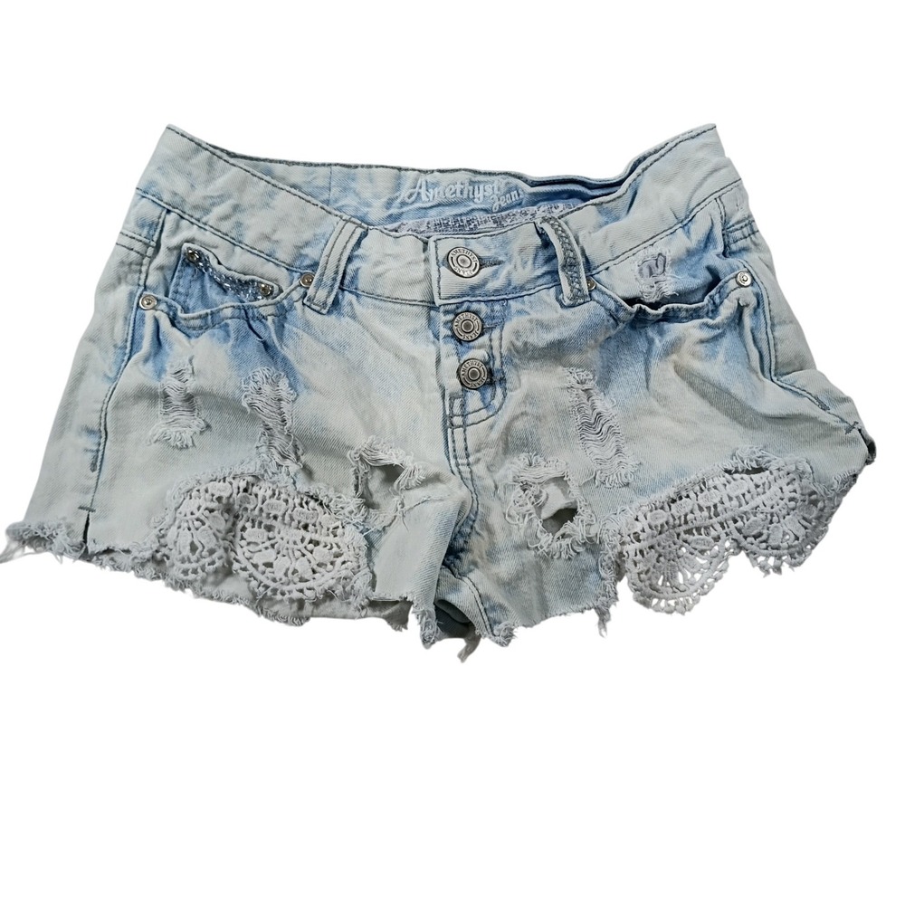 Amethyst Jeans Denim Shorts Women 1 Light Blue Good Distressed Crochet Lace Boho